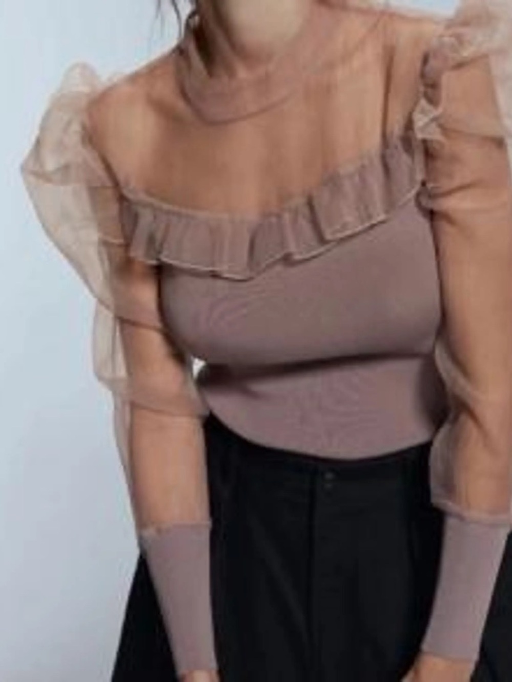 Zara Ruffle Organza Contrasting Knit Top with Puff Sleeves